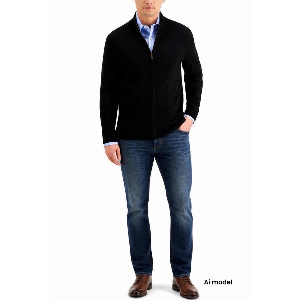 Club Room Mens Black Merino Wool Blend Full Zip Mock Neck Sweater Cardigan L